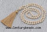 GMN200 Hand-knotted 6mm white fossil jasper 108 beads mala necklaces with tassel