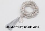 GMN2001 Knotted 8mm, 10mm matte white crazy agate 108 beads mala necklace with tassel & charm