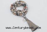 GMN2003 Knotted 8mm, 10mm matte bamboo leaf agate 108 beads mala necklace with tassel & charm