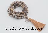 GMN2009 Knotted 8mm, 10mm matte zebra jasper 108 beads mala necklace with tassel & charm