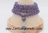 GMN2437 Hand-knotted 6mm amethyst 108 beads mala necklace with charm