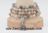 GMN2457 Hand-knotted 6mm bamboo leaf agate 108 beads mala necklaces with charm