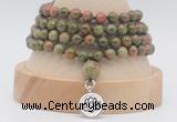 GMN2473 Hand-knotted 6mm unakite 108 beads mala necklaces with charm