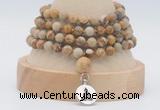 GMN2474 Hand-knotted 6mm picture jasper 108 beads mala necklaces with charm