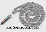 GMN2611 Hand-knotted 8mm, 10mm matte grey picture jasper 108 beads mala necklace with pendant