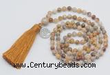 GMN323 Hand-knotted 6mm yellow crazy agate 108 beads mala necklaces with tassel & charm