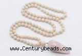 GMN4020 Hand-knotted 8mm, 10mm white fossil jasper 108 beads mala necklace with pendant