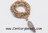 GMN4078 Hand-knotted 8mm, 10mm picture jasper 108 beads mala necklace with pendant