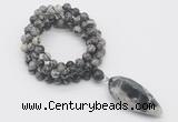 GMN4079 Hand-knotted 8mm, 10mm black water jasper 108 beads mala necklace with pendant