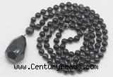 GMN4841 Hand-knotted 8mm, 10mm black banded agate 108 beads mala necklace with pendant