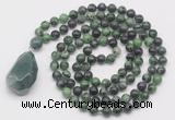 GMN4928 Hand-knotted 8mm, 10mm ruby zoisite 108 beads mala necklace with pendant