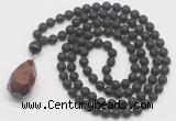 GMN4933 Hand-knotted 8mm, 10mm black lava 108 beads mala necklace with pendant