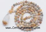 GMN5011 Hand-knotted 8mm, 10mm matte yellow crazy agate 108 beads mala necklace with pendant