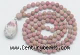 GMN5015 Hand-knotted 8mm, 10mm matte pink wooden jasper 108 beads mala necklace with pendant