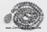 GMN5021 Hand-knotted 8mm, 10mm matte black water jasper 108 beads mala necklace with pendant