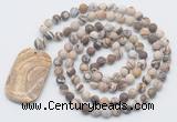 GMN5122 Hand-knotted 8mm, 10mm matte zebra jasper 108 beads mala necklace with pendant