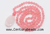 GMN5145 Hand-knotted 8mm, 10mm cherry quartz 108 beads mala necklace with pendant