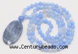 GMN5153 Hand-knotted 8mm, 10mm blue banded agate 108 beads mala necklace with pendant