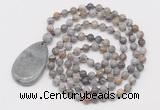 GMN5210 Hand-knotted 8mm, 10mm silver needle agate 108 beads mala necklace with pendant