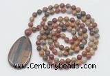 GMN5222 Hand-knotted 8mm, 10mm picasso jasper 108 beads mala necklace with pendant