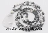 GMN5225 Hand-knotted 8mm, 10mm black & white jasper 108 beads mala necklace with pendant