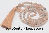 GMN5701 Hand-knotted 6mm matte sunstone 108 beads mala necklaces with tassel & charm