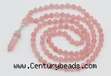 GMN5901 Hand-knotted 6mm matte cherry quartz 108 beads mala necklaces with pendant