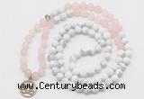 GMN6003 Knotted 8mm, 10mm rose quartz & white howlite 108 beads mala necklace with charm