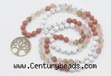 GMN6005 Knotted 8mm, 10mm white howlite, cherry quartz & red jasper 108 beads mala necklace with charm