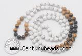 GMN6008 Knotted 8mm, 10mm matte white howlite & mixed gemstone 108 beads mala necklace with charm