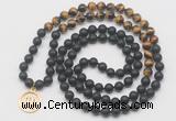 GMN6011 Knotted 8mm, 10mm matte black agate & yellow tiger eye 108 beads mala necklace with charm