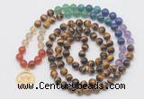 GMN6024 Knotted 7 Chakra 8mm, 10mm yellow tiger eye 108 beads mala necklace with charm