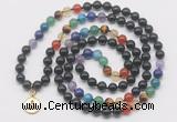 GMN6027 Knotted 7 Chakra 8mm, 10mm black obsidian 108 beads mala necklace with charm