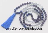 GMN6100 Knotted 8mm, 10mm amethyst, white crystal & lapis lazuli 108 beads mala necklace with tassel