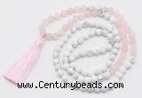 GMN6103 Knotted 8mm, 10mm rose quartz & white howlite 108 beads mala necklace with tassel