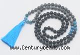 GMN6118 Knotted 8mm, 10mm matte black agate, black labradorite & apatite 108 beads mala necklace with tassel