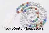 GMN6121 Knotted 7 Chakra 8mm, 10mm white howlite 108 beads mala necklace with tassel