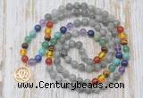 GMN6137 Knotted 7 Chakra 8mm, 10mm labradorite 108 beads mala necklace with charm