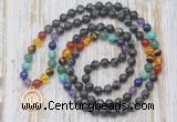 GMN6138 Knotted 7 Chakra 8mm, 10mm black labradorite 108 beads mala necklace with charm