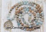 GMN6144 Knotted 8mm, 10mm matte amazonite & picture jasper 108 beads mala necklace with charm