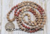 GMN6146 Knotted 8mm, 10mm matte picture jasper & red jasper 108 beads mala necklace with charm