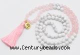 GMN6202 Knotted rose quartz & white howlite 108 beads mala necklace with tassel & charm