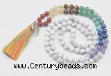 GMN6222 Knotted 7 Chakra white howlite 108 beads mala necklace with tassel & charm