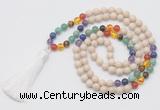 GMN6235 Knotted 7 Chakra 8mm, 10mm white fossil jasper 108 beads mala necklace with tassel