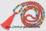 GMN6241 Knotted 7 Chakra 8mm, 10mm red agate 108 beads mala necklace with tassel