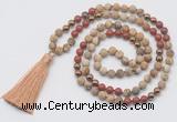 GMN6246 Knotted 8mm, 10mm matte picture jasper & red jasper 108 beads mala necklace with tassel