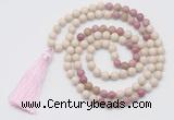 GMN6250 Knotted 8mm, 10mm white fossil jasper & pink wooden jasper 108 beads mala necklace with tassel