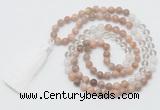 GMN6254 Knotted 8mm, 10mm sunstone, white crystal & white jade 108 beads mala necklace with tassel