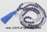 GMN6300 Knotted amethyst, white crystal & lapis lazuli 108 beads mala necklace with tassel & charm