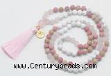 GMN6304 Knotted white howlite, pink jasper & rose quartz 108 beads mala necklace with tassel & charm